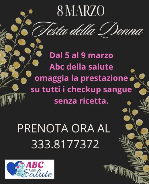 Volantino festa della donna checkup del sangue a domicilio con Domicheck con omaggio alla prestazione professionale