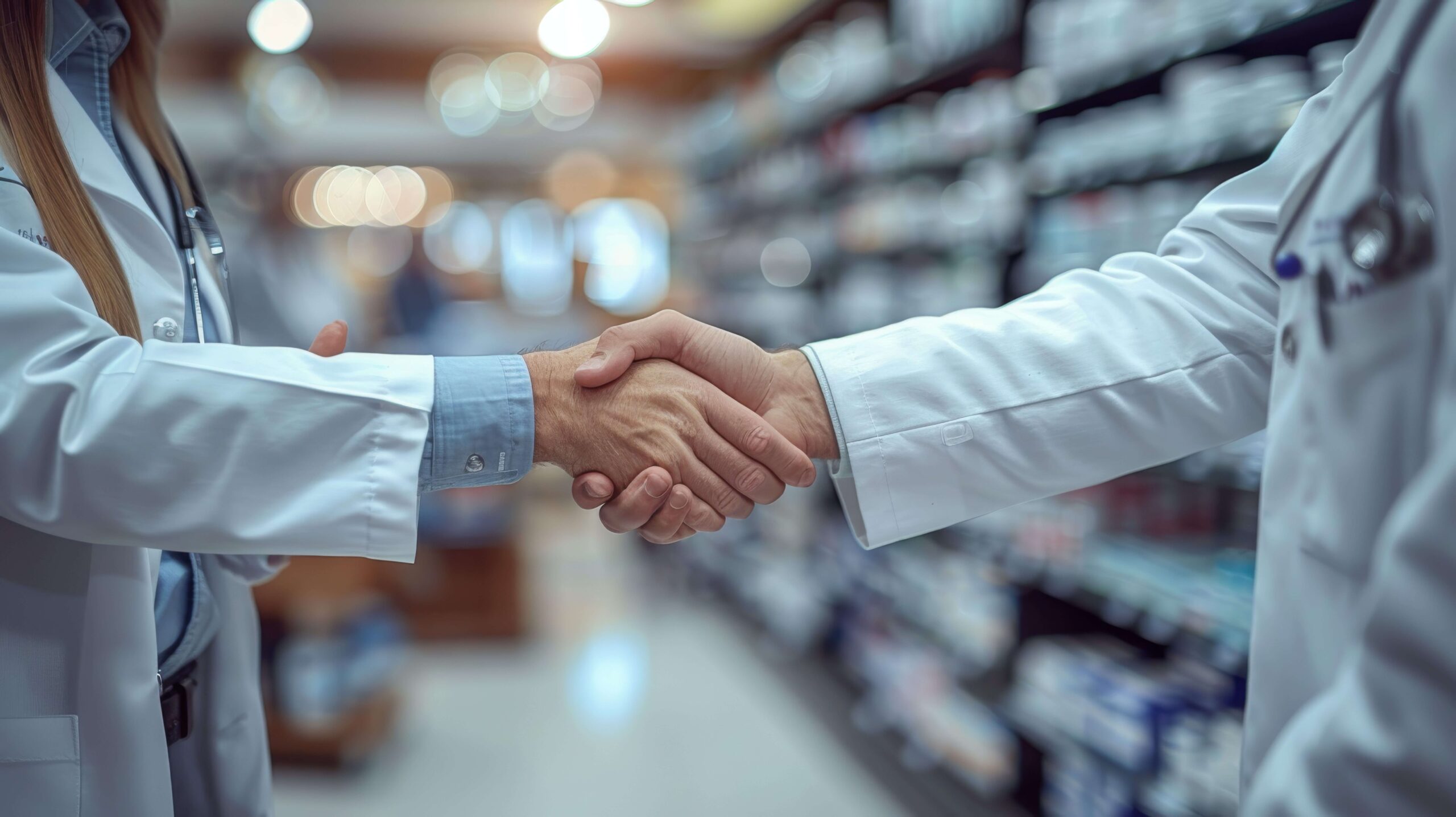 Stretta di mano tra personale sanitario simbolo di accordo in merito al franchising.